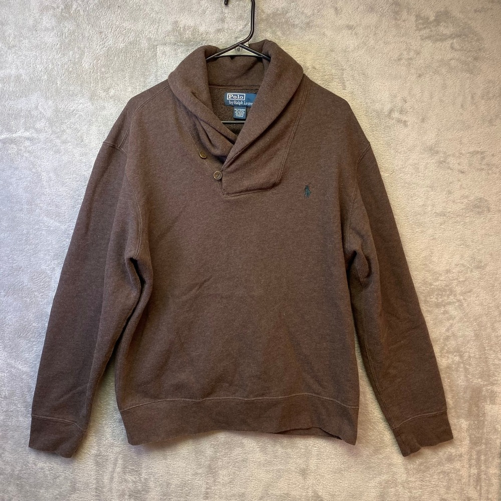 Polo Ralph Lauren Mens Brown Shawl Collar Sweatshirt Suede Elbow Patches Large